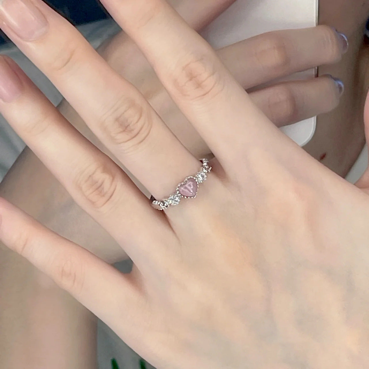 Pink Opal Love Heart-shaped Ring Women's Design Sense Niche